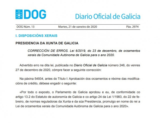 Captura de pantalla dunha corrección de erros publicada no Diario Oficial de Galicia (DOG) o martes 21 de xaneiro.
