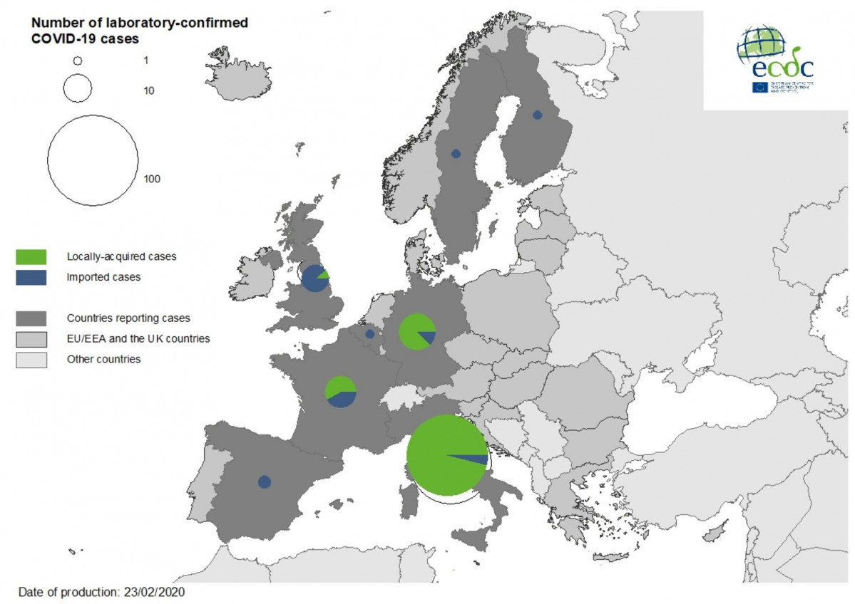 Novel coronavirus COVID 19 geographical distribution EU UK 23 feb 2020 