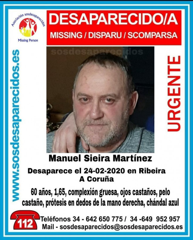 Manuel Sieira Martínez, home de 60 anos desaparecido en Ribeira (A Coruña).