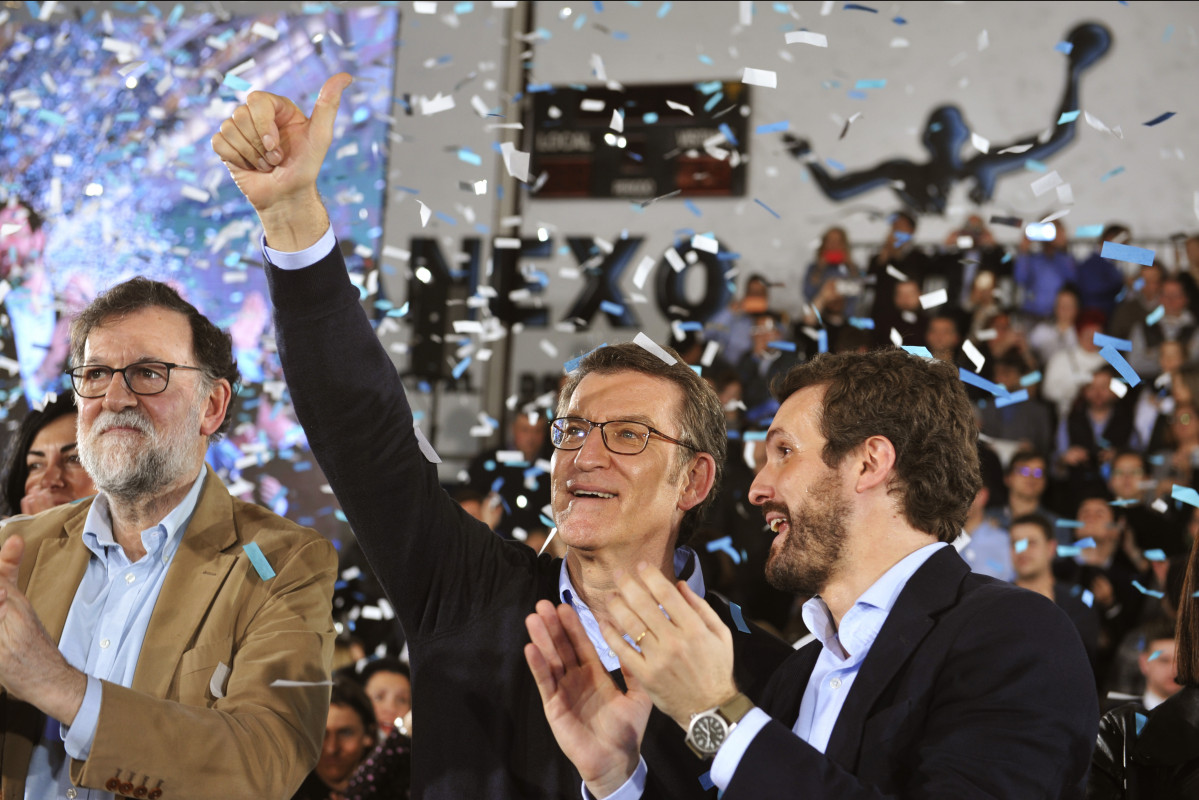 O expresidente do Goberno, Mariano Rajoy, o candidato do PP ao 5A e o presidente do Partido Popular Pablo Casado, no acto de celebración dos 11 anos de presidencia de Alberto Núñez Fe