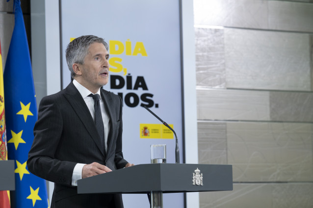 O ministro de Interior, Fernando Grande-Marlaska, comparece ante os medios para informar das últimas novidades sobre o Covid-19 en España durante a cuarta semana de confinamento. En Madrid, (España), ao 11 de abril de 2020.