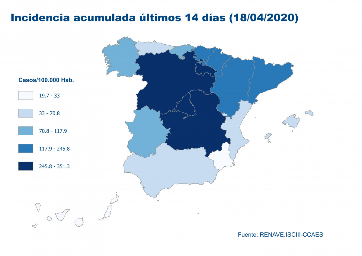 Mapa incidencia acumulada de coronavirus por autonomías en España