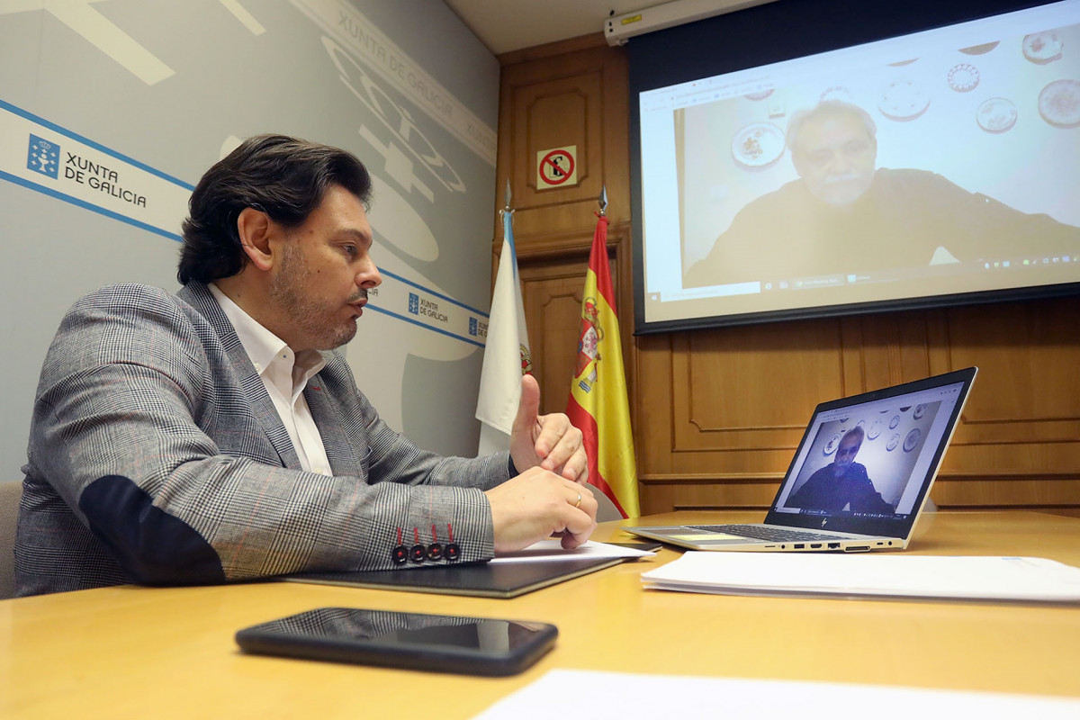 O secretario xeral de Emigración, Antonio Rodríguez Miranda, na reunión por videoconferencia
