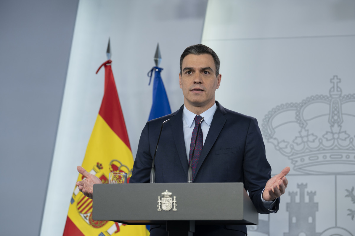 Comparecencia do presidente do Goberno de España, Pedro Sánchez,  no Palacio da Moncloa. En Madrid, ao 2 de maio de 2020.