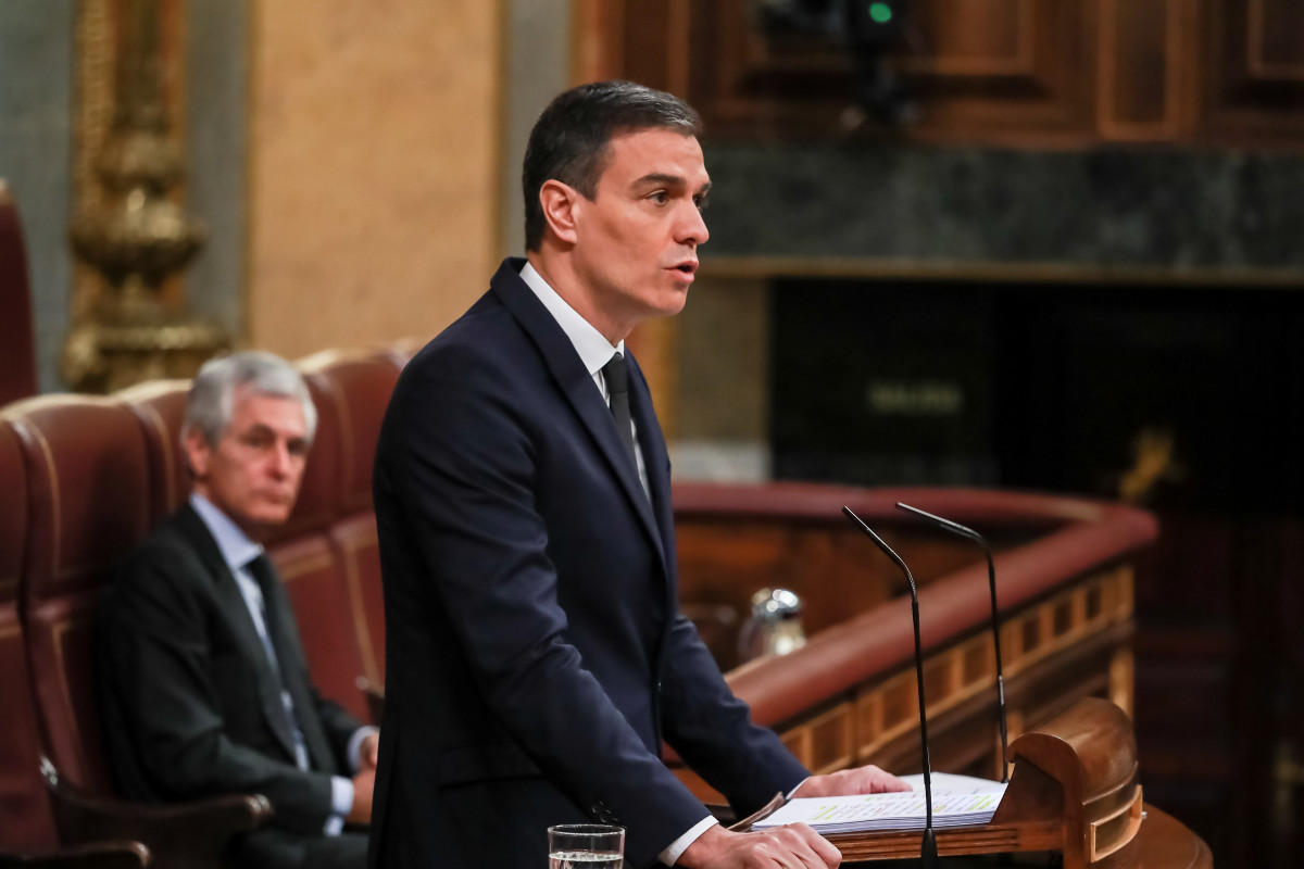 O presidente do Goberno, Pedro Sánchez, durante a súa intervención na sesión na que se exercerá o control ao Goberno e tratarase a sexta prórroga do estado de alarma pola crise do