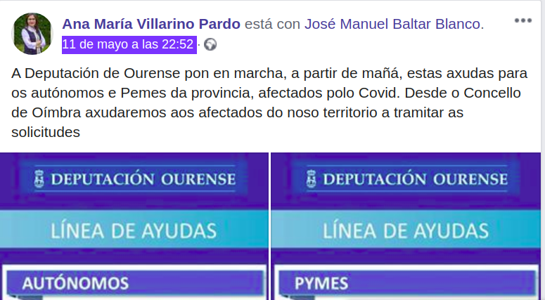 Post de Facebook da alcaldesa de Ou00edmbra Ana Maria Villarino (PP) o du00eda 11 anunciando a convocatoria de axudas a repartir por orde de rexistro a partir do du00eda 13