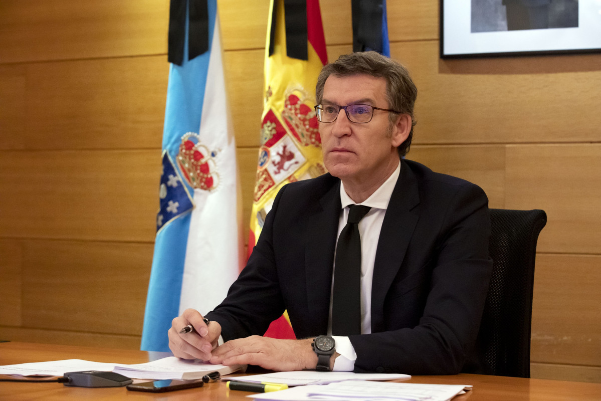 O presidente da Xunta, Alberto Núñez Feijóo, na duodécima videoconferencia de líderes autonómicos co presidente do Goberno, Pedro Sánchez.