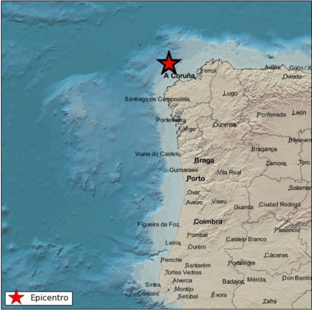 Epicentro do tremor na costa noroeste de Galicia