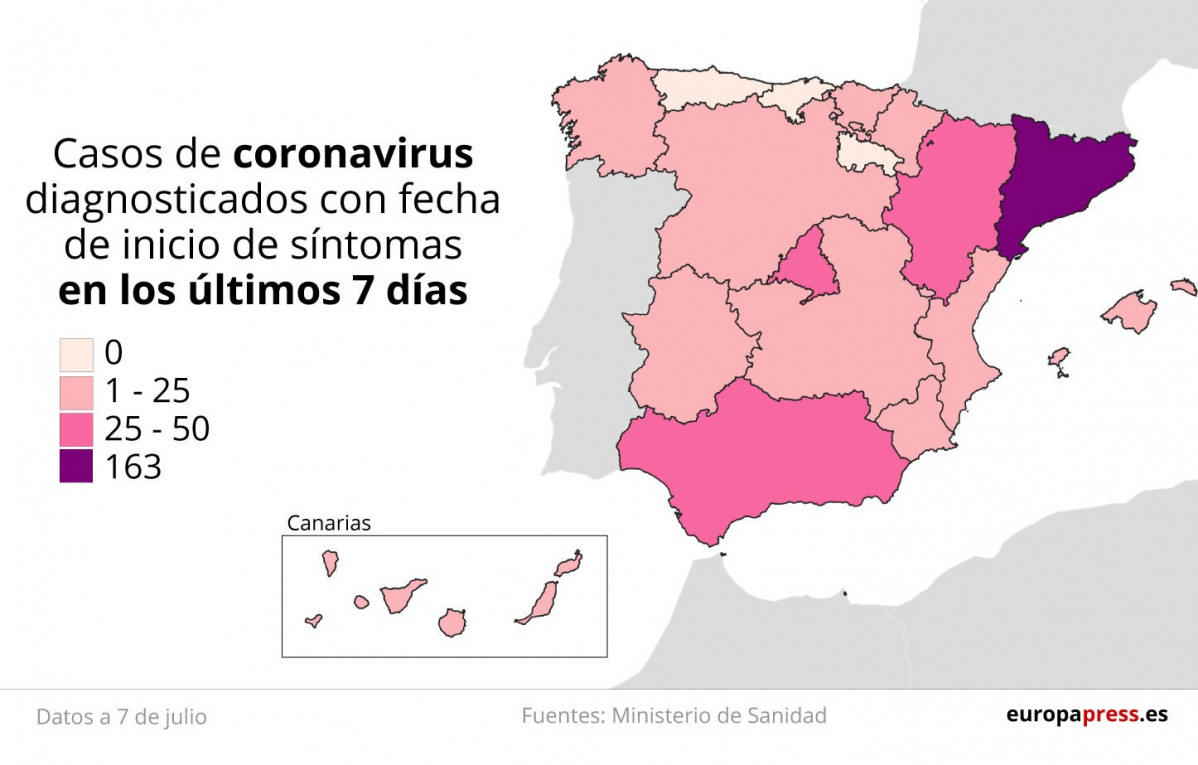 Mapa con casos de coronavirus diagnosticados con data de inicio de síntomas no últimos sete días en España ao 7 de xullo.