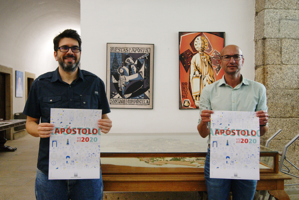 Luís Pardo e o concelleiro Gonzalo Muiu00f1presentar as festas do apostol en Santiago de Compostela 2020