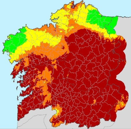 Mapa do índice de risco diario de incendio forestal (IRDI) en Galicia do luns 27 de xullo de 2020.