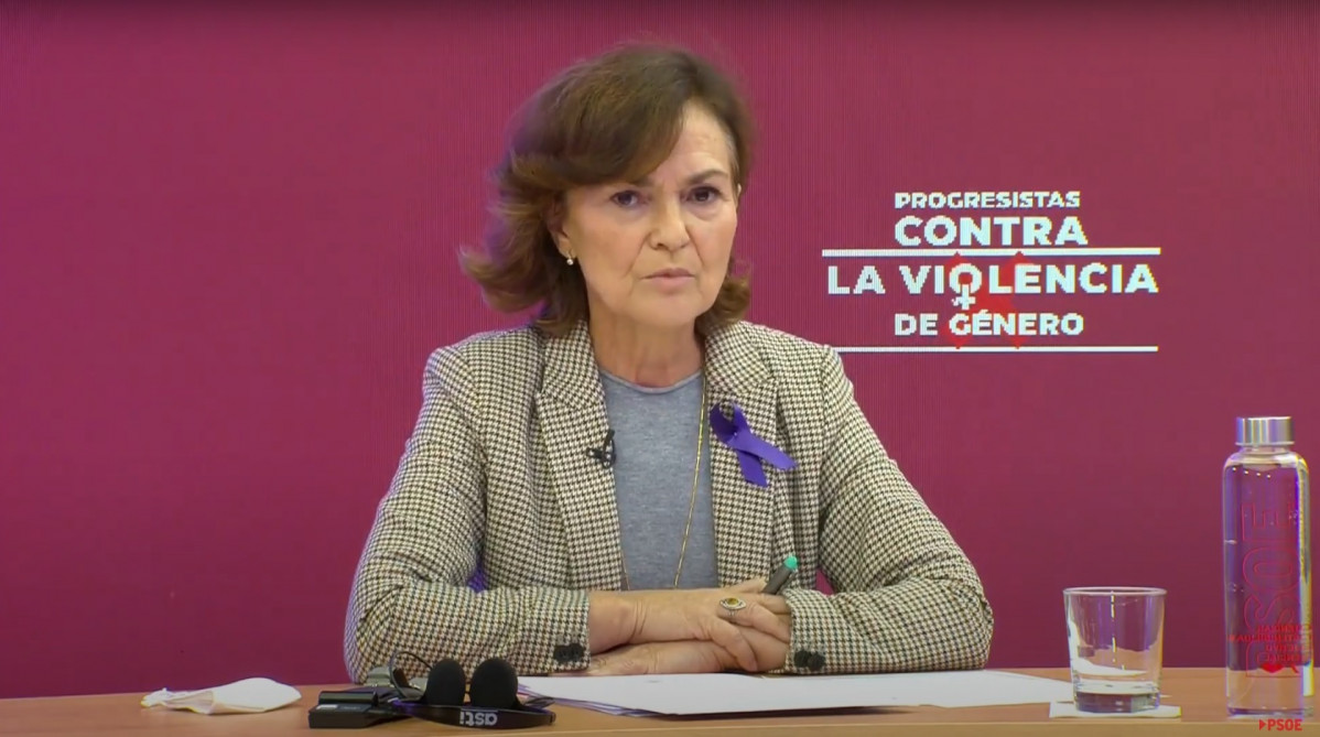 A vicepresidenta do Goberno, Carmen Calvo, durante a súa intervención no acto 'Progresistas contra a violencia de xénero'