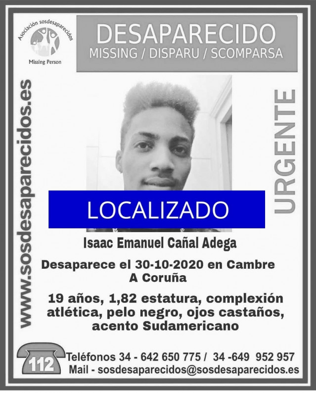 Localizado o mozo de 19 anos Isaac Emanuel Cañal Adega, desaparecido en Cambre (A Coruña) o pasado 30 de outubro.