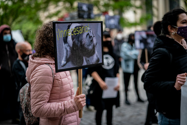 Varias persoas suxeitan carteis onde se mostran animais en laboratorios, nunha manifestación pola liberación dos animais de Laboratorios Vivotecnia, ao 23 de abril de 2021, en Vitoria-Gasteiz, Euskadi (España). Esta mobilización forma parte de l