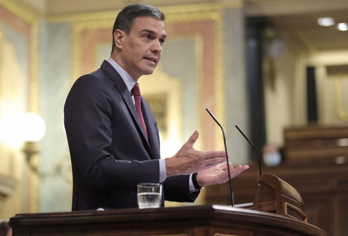 O presidente do Goberno, Pedro Sánchez, intervén nunha sesión de control ao Goberno no Congreso dos Deputados, ao 30 de xuño de 2021, en Madrid, (España).
