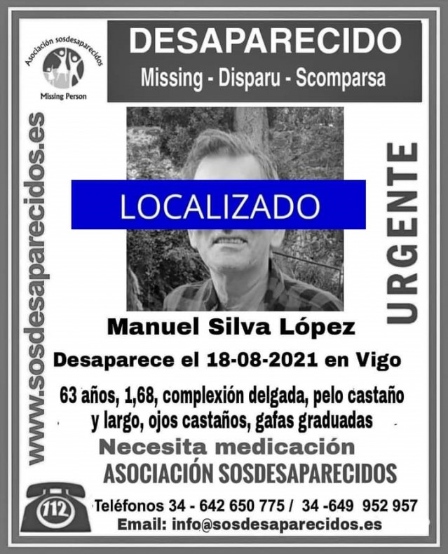 Localizado o veciño de Vigo Manuel Silva López, desaparecido na cidade o 18 de agosto de 2021.
