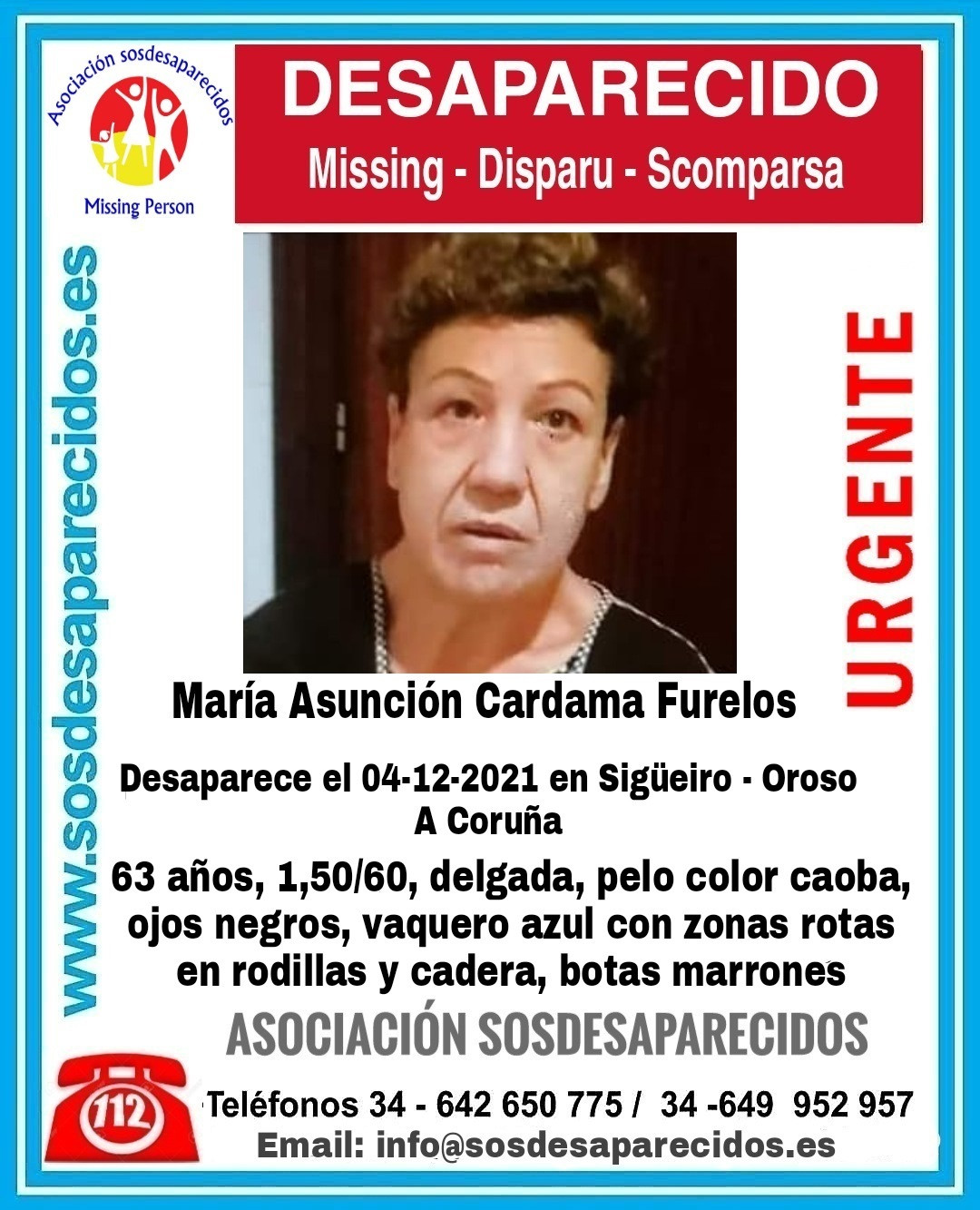María Asunción Cardama Furelos, muller de 65 anos desaparecida en Sigüeiro, Oroso (A Coruña).