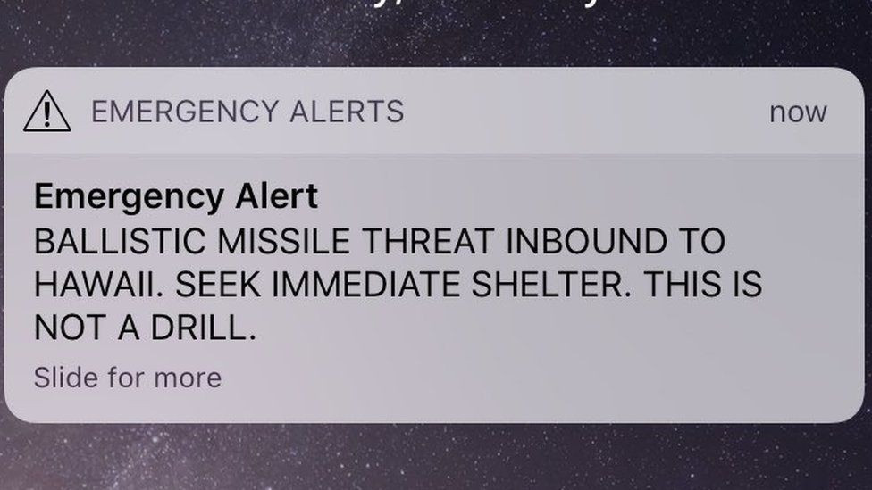 SMS que alertu00f3 a Hawaii do impacto dun mísil debido a un fallo do sistema