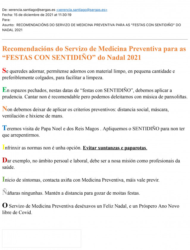 Correo coas recomendacións remitidas  por Medicina Preventiva da área sanitaria de Santiago.