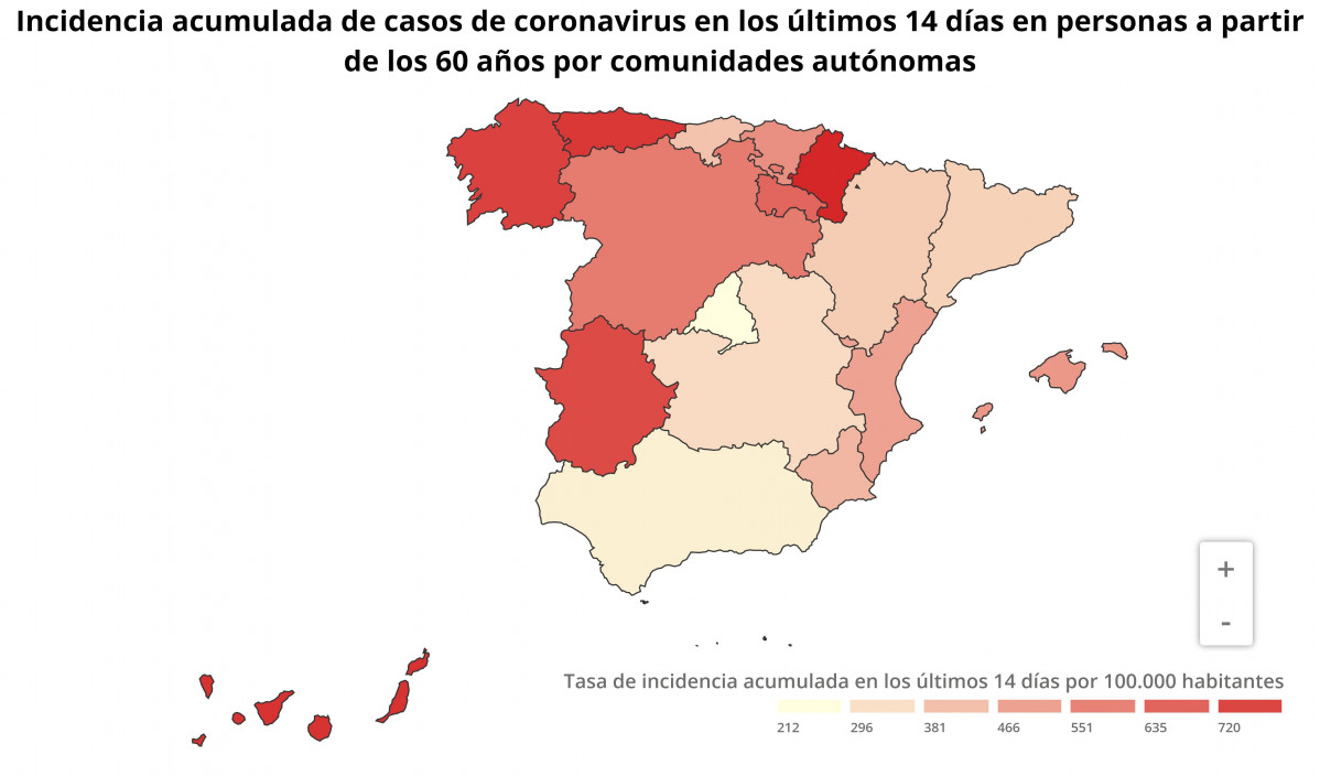 Incidencia acumulada de casos de coronavirus nos ultimos 14 dias en persoas a partir dos 60 au00f1vos por comunidades autonomas