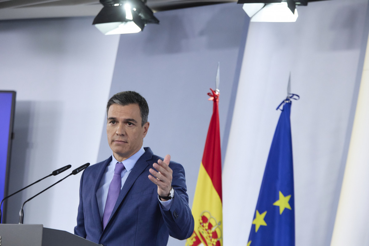 O presidente do Goberno de España , Pedro Sánchez, comparece tras a reunión do Consello de Ministros Extraordinario, no Palacio da Moncloa, ao 22 de xuño de 2022, en Madrid (España).