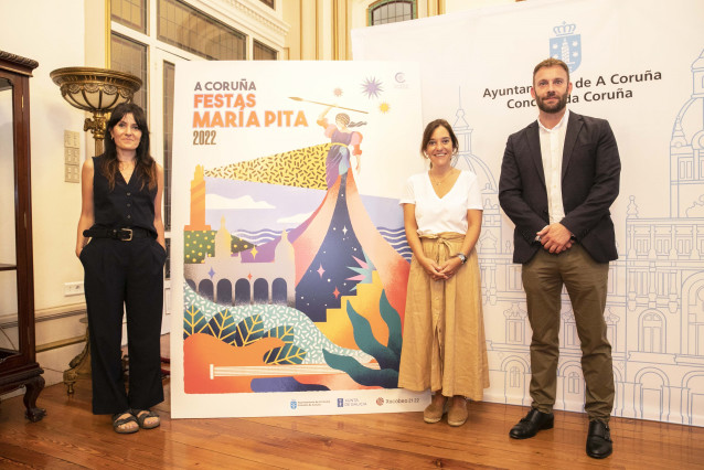 A alcaldesa da Coruña, Inés Rey, presentou o programa de festas xunto ao delegado territorial da Xunta na Coruña, Gonzalo Trenor, e a autora do cartel desta edición Rebeca Losada
