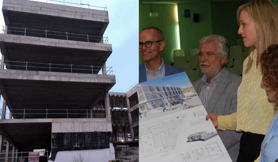 Fotomontaje del estado actual de las obras del CAPD de Ourense y de la conselleira presentu00e1ndolo en 2018
