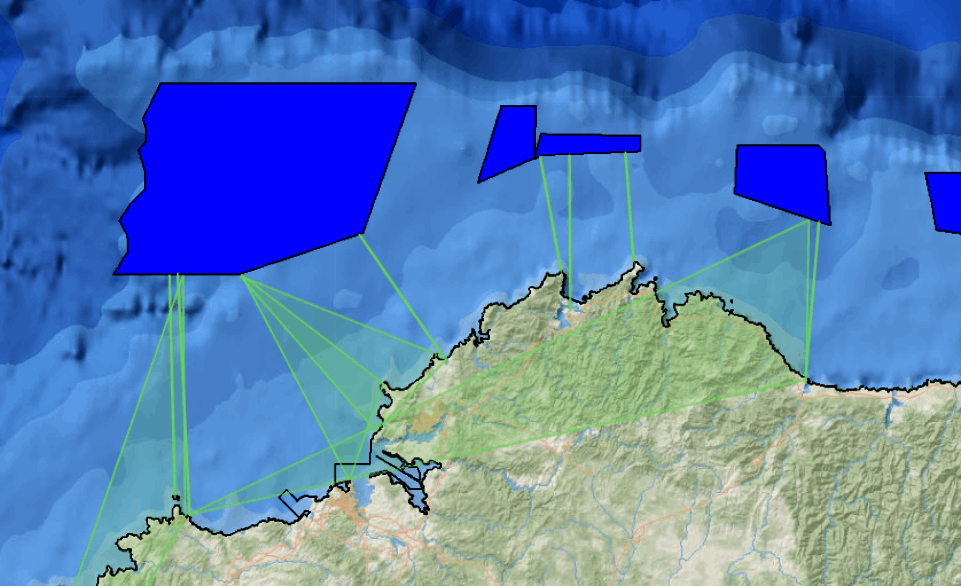 Zonas de alto potencial para el desarrollo de la energía eólica marina frente a las costas de Lugo y A Coruña según el visor de información del Ministerio para la Transición Ecológica