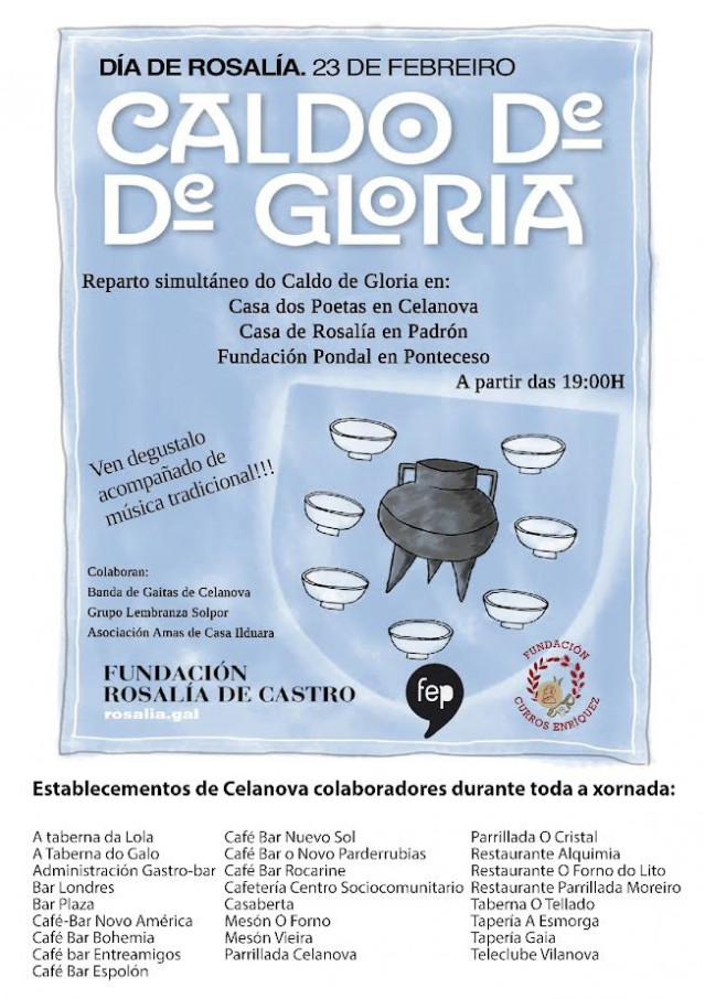 Cartel con los 25 establecimientos de hostelería que participarán por el Día de Rosalía de Castro en el proyecto 'Caldo de Gloria'.