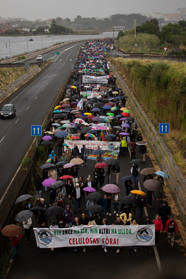 Cientos de personas protestan frente a la fábrica Ence durante una nueva manifestación contra las empresas de celulosa Altri y Ence, a 16 de junio de 2024, en Pontevedra, Galicia.