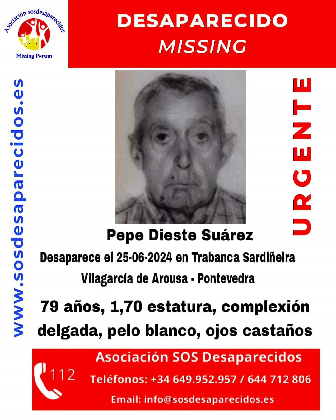 Buscan a un vecino de Vilagarcía de 79 años de edad, desaparecido el 25 de junio de 2024.