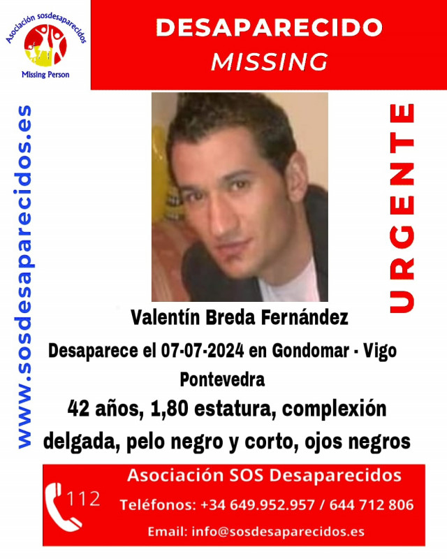 Las Fuerzas de Seguridad buscan a un vecino de Gondomar (Pontevedra), de 42 años de edad, desaparecido desde el 7 de julio de 2024.
