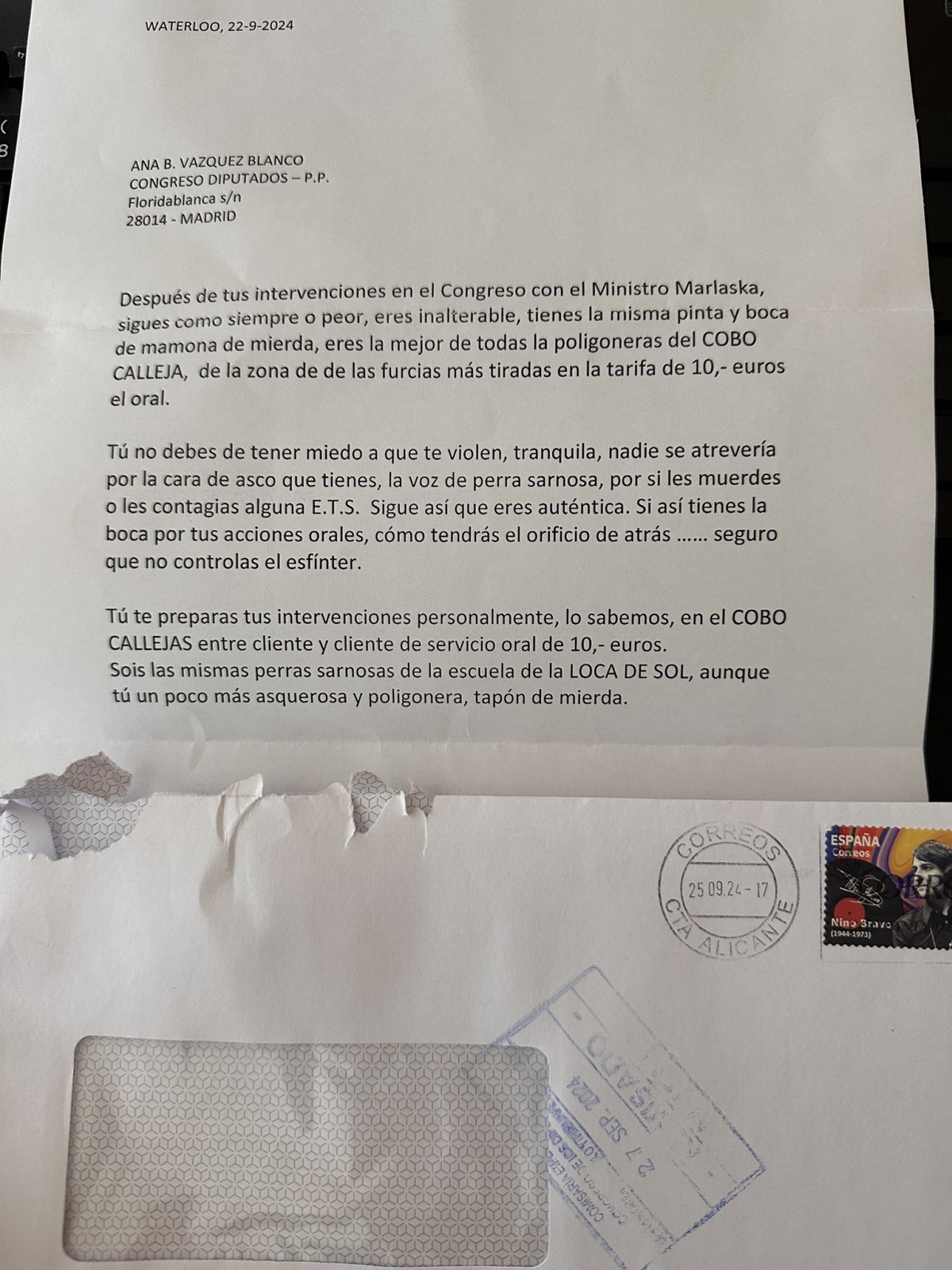 Carta enviada a Ana Vu00e1zquez Blanco segu00fan su cuenta de Twitter