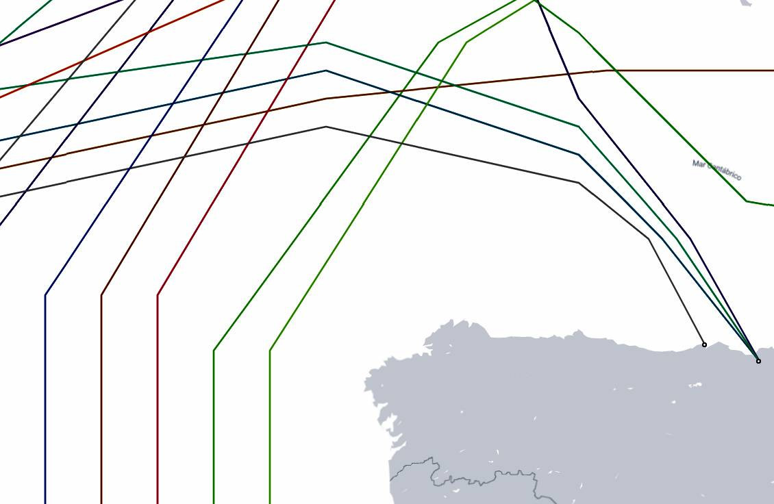 Cables submarinos frente a las costas gallegas en una imagen de submarinecablemap