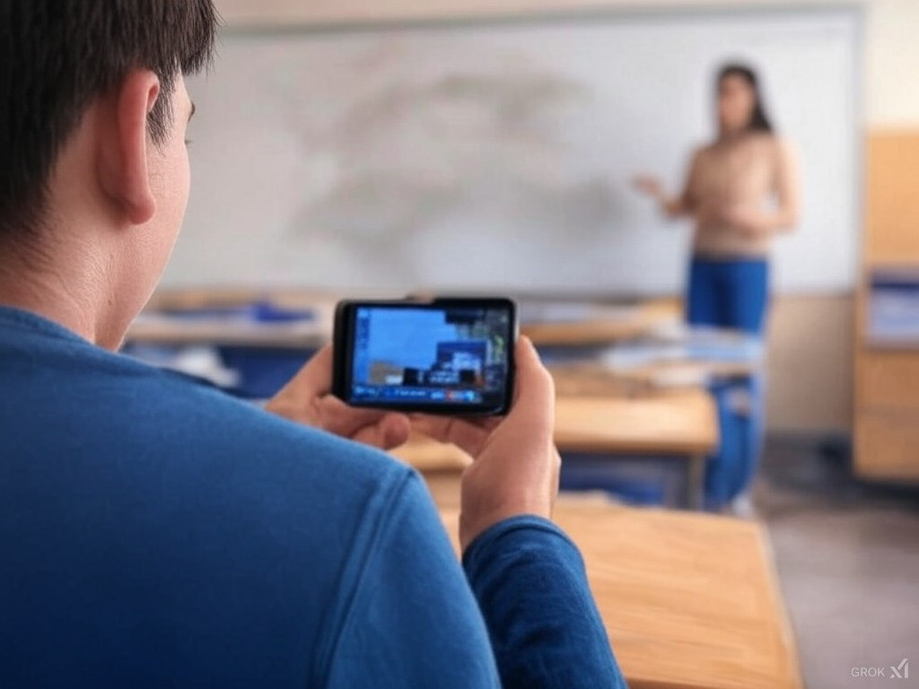 Un alumno usando el mu00f3vil en clase en una imagen creada co IA